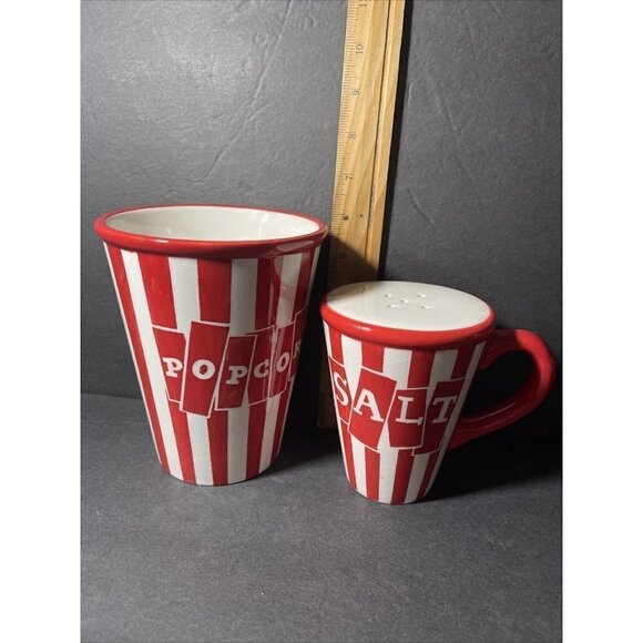 Movie Theater Style Popcorn Set- Salt Shaker & Bucket Bowl Red White Stripe - Picture 8 of 12